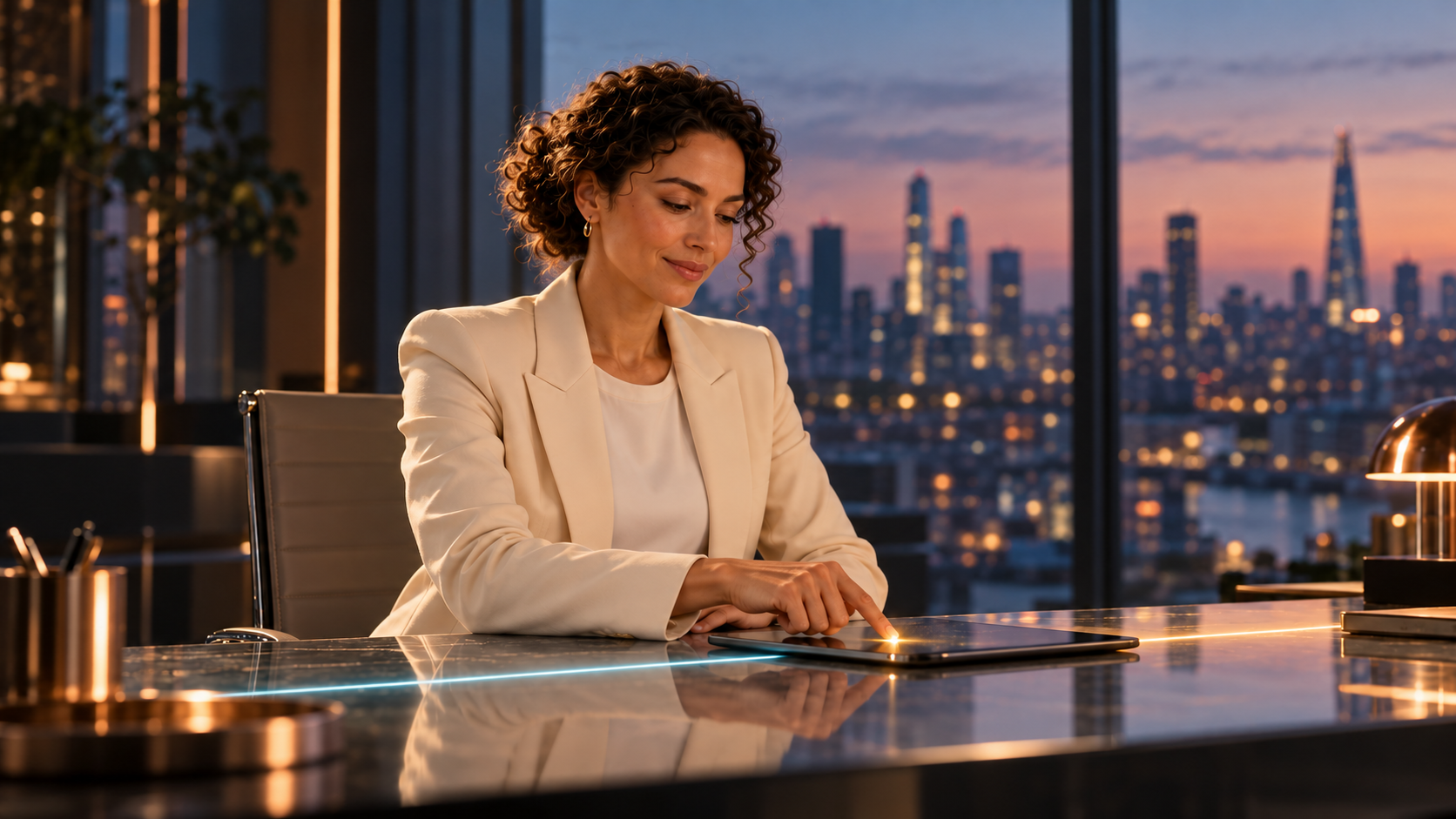 Curly-haired business leader approving an AI-prepared action before it continues through connected systems
